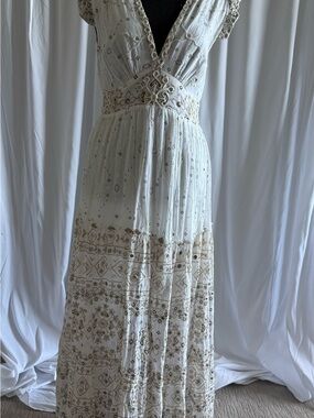 Ivory Embroidered V-Neck Maxi Dress with Neutral Accents Mirror